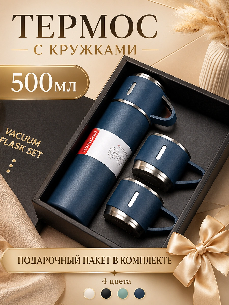 Термос с 3 кружками в комплекте, Термокружка для горячих напитков, Подарочный набор, 0,5 л, Синий