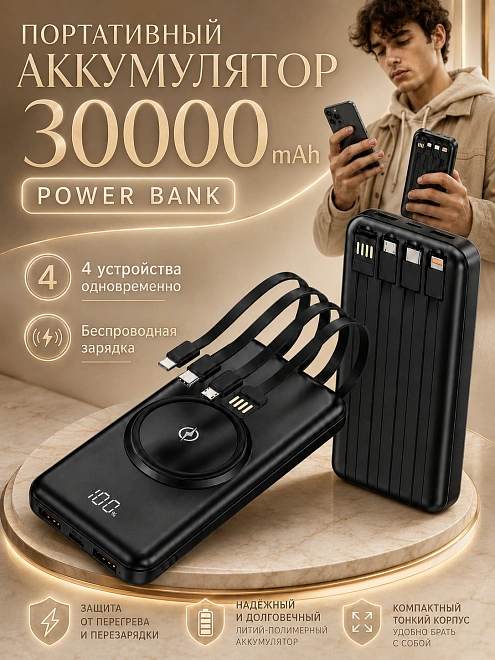 Внешний аккумулятор, Powerbank 30000 mAh, с беспроводной зарядкой, черный