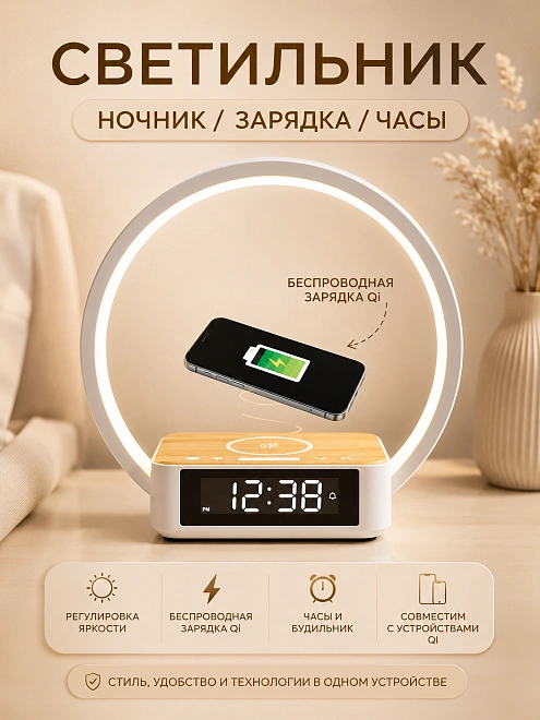 Умный светильник "Ночник", с беспроводной зарядкой, часами, будильником